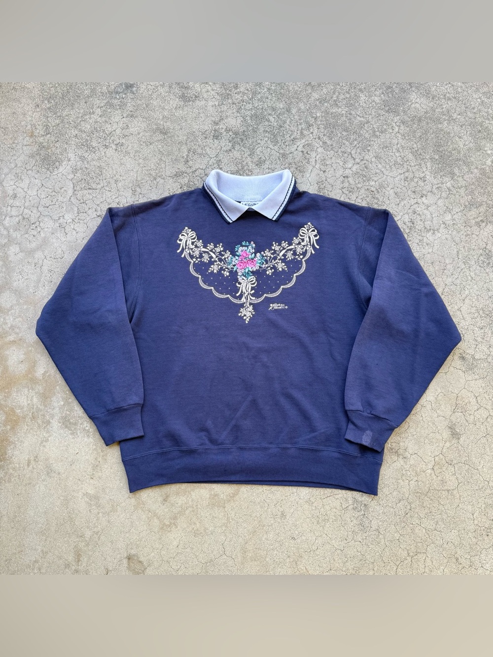 Vintage 90’s Morning Sun Floral Embroidered Collared Grandma Sweater Blue